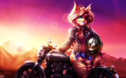 Size: 3650x2245 | Tagged: safe, artist:drizziedoodles, sunset shimmer, anthro, unicorn, belt, breasts, choker, cleavage, clothes, daisy dukes, denim shorts, desert, ear piercing, helmet, jacket, leather jacket, looking at you, motorcycle, piercing, ripped stockings, shorts, skull, smiling, solo, stockings, sunset, thigh highs