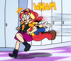 Size: 1280x1089 | Tagged: safe, artist:cailauniverse, sunset shimmer, human, better together, equestria girls, cap, clothes, crash, crashed, crashing, crossover, geode of empathy, gloves, hat, lockers, magical geodes, mario, mario's hat, nintendo, shoes, super mario bros., thrown