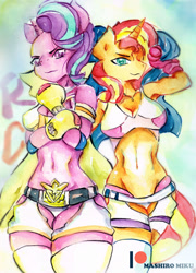 Size: 2480x3438 | Tagged: safe, artist:mashiromiku, starlight glimmer, sunset shimmer, anthro, armpits, boxing, boxing gloves, clothes, midriff, patreon, patreon logo, sports, sports bra, traditional art, watercolor painting