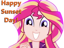 Size: 1024x768 | Tagged: safe, edit, edited screencap, screencap, sunset shimmer, eqg summertime shorts, equestria girls, pet project, cute, shimmerbetes, simple background, smiling, sunset shimmer day, text, white background