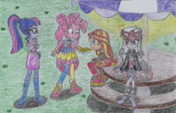 Size: 2104x1356 | Tagged: safe, artist:nephilim rider, pinkie pie, sci-twi, sunset shimmer, twilight sparkle, oc, oc:heaven lost, better together, equestria girls, sunset's backstage pass!, shoes, sneakers, traditional art