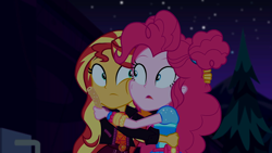 Size: 1920x1080 | Tagged: safe, screencap, pinkie pie, sunset shimmer, better together, equestria girls, sunset's backstage pass!, cheek squish, cheek to cheek, churros, duo, duo female, female, food, hug, squishy cheeks