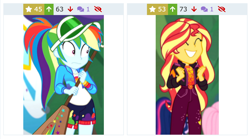 Size: 2196x1220 | Tagged: safe, rainbow dash, sunset shimmer, better together, equestria girls, sunset's backstage pass!, derpibooru, happy, juxtaposition, meta, squee