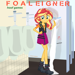 Size: 2000x2000 | Tagged: safe, artist:grapefruitface1, artist:illumnious, sunset shimmer, equestria girls, album cover, bathroom, cleaning, clothes, equestria girls-ified album cover, foreigner, graffiti, parody, solo, tissue, urinal, worried