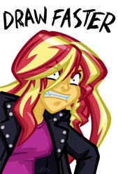 Size: 360x532 | Tagged: safe, artist:texasuberalles, derpibooru exclusive, sunset shimmer, equestria girls, angry, clothes, cropped, female, jacket, simple background, solo, white background