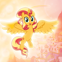 Size: 2400x2400 | Tagged: safe, artist:andoanimalia, sunset shimmer, alicorn, pony, alicornified, canterlot, flying, happy, race swap, shimmercorn