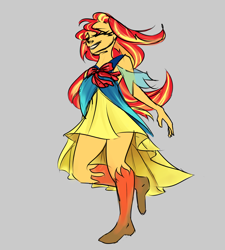 Size: 1280x1424 | Tagged: safe, artist:elisdoominika, sunset shimmer, human, equestria girls, bow, clothes, dress, eyes closed, flowing hair, full body, redesign, ribbon, smiling, solo