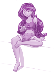 Size: 1000x1365 | Tagged: safe, artist:dstears, sunset shimmer, equestria girls, equestria girls series, barefoot, belly button, clothes, digital art, feet, female, grayscale, lidded eyes, midriff, monochrome, off shoulder, shorts, simple background, sitting, smiling, solo, sunset shimmer day, tanktop, white background