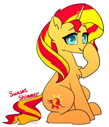 Size: 1208x1418 | Tagged: safe, artist:puetsua, sunset shimmer, pony, unicorn, boop, cute, cutie mark, female, mare, self-boop, shimmerbetes, simple background, sitting, smiling, solo, sunset shimmer day, white background