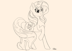 Size: 3000x2160 | Tagged: safe, artist:sadtrooper, sunset shimmer, pony, unicorn, female, lineart, looking at you, mare, monochrome, raised hoof, simple background, smiling, solo