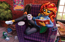 Size: 2400x1565 | Tagged: safe, artist:harwick, kiwi lollipop, ray, sunset shimmer, supernova zap, gecko, equestria girls, book, chair, clothes, coffee, coffee mug, comfy, cute, female, food, journal, k-lo, mouth hold, mug, pen, pizza, pizza box, plate, postcrush, potted plant, reading, shimmerbetes, shoes, sneakers, socks, solo, su-z, sunset shimmer day, sweater, sweet snacks cafe