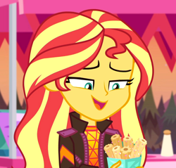 Size: 1128x1080 | Tagged: safe, screencap, sunset shimmer, better together, equestria girls, sunset's backstage pass!, churros, clothes, cropped, female, food, jacket, music festival outfit, open mouth, outdoors, smiling, solo