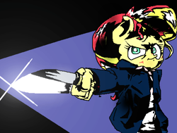 Size: 530x400 | Tagged: safe, artist:fishimira, sunset shimmer, anthro, knife, sashimi knife, sunset sushi, toy interpretation