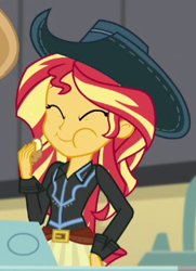 Size: 286x396 | Tagged: safe, screencap, sunset shimmer, dance magic, equestria girls, spoiler:eqg specials, cowgirl, cute, eating, food, puffy cheeks, shimmerbetes, solo