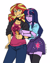 Size: 2400x3000 | Tagged: safe, artist:overlordneon, sunset shimmer, twilight sparkle, equestria girls, bracelet, cellphone, clothes, female, jacket, jewelry, lesbian, phone, shipping, shirt, simple background, smiling, socks, spiked wristband, sunsetsparkle, thigh highs, watch, wristband