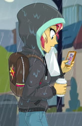 Size: 720x1100 | Tagged: safe, artist:ta-na, applejack, fluttershy, pinkie pie, rainbow dash, rarity, sci-twi, sunset shimmer, twilight sparkle, eqg summertime shorts, equestria girls, monday blues, backpack, cellphone, clothes, coffee, female, hoodie, mouth hold, paper bag, phone, rain, scene interpretation, smartphone, solo