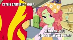 Size: 912x500 | Tagged: artist needed, source needed, safe, edit, sunset shimmer, tree hugger, equestria girls, bloodshot eyes, canterlot high, drugs, equestria girls-ified, image macro, meme