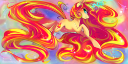 Size: 3464x1732 | Tagged: safe, artist:wilvarin-liadon, sunset shimmer, pony, unicorn, :t, abstract background, color porn, female, glowing horn, impossibly large mane, impossibly large tail, impossibly long mane, impossibly long tail, jumping, lidded eyes, long mane, magic, mare, smiling, solo