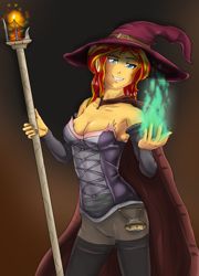 Size: 1385x1920 | Tagged: safe, artist:symptom99, sunset shimmer, equestria girls, armpits, breasts, clothes, costume, female, fire, grin, halloween, halloween costume, hat, holiday, looking at you, slime, smiling, solo, witch, witch hat