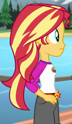 Size: 544x930 | Tagged: safe, screencap, sunset shimmer, equestria girls, legend of everfree, cropped, lake, pier, solo, water