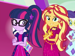 Size: 1440x1080 | Tagged: safe, screencap, rarity, sci-twi, sunset shimmer, twilight sparkle, better together, equestria girls, spring breakdown, cropped, female, geode of empathy, geode of telekinesis, magical geodes, offscreen character