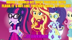 Size: 888x499 | Tagged: safe, edit, edited screencap, screencap, fluttershy, rarity, sci-twi, sunset shimmer, twilight sparkle, better together, equestria girls, spring breakdown, caption, geode of empathy, geode of shielding, geode of telekinesis, image macro, jealous, magical geodes, text