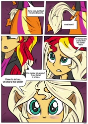 Size: 905x1280 | Tagged: safe, artist:rex-equinox, sunset shimmer, comic:neighing after sunset, equestria girls, applejack's barn, barn, comic, human to horse, solo, transformation, were-pony, werehorse, white hair