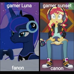 Size: 1517x1517 | Tagged: safe, artist:forgalorga, edit, screencap, princess luna, sunset shimmer, alicorn, pony, better together, equestria girls, game stream, clothes, controller, converse, cropped, dream, everyone loves princess luna, female, gamer luna, headphones, night, pillow, shoes, side by side, sneakers, something about the princesses, sunset gamer, text edit