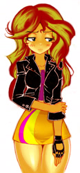 Size: 895x1934 | Tagged: safe, artist:reiji sakamoto, sunset shimmer, equestria girls, blushing, clothes, female, fingerless gloves, gloves, jacket, leather, leather jacket, miniskirt, simple background, skirt, solo, thighs, white background