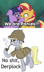 Size: 1280x2094 | Tagged: safe, edit, edited screencap, screencap, derpy hooves, sci-twi, sunset shimmer, twilight sparkle, pegasus, pony, unicorn, better together, equestria girls, spring breakdown, boop, bubble, bubble pipe, caption, equestria girls ponified, glasses, image macro, no shit sherlock, nose to nose, noseboop, reaction image, scrunchy face, sherlock holmes, standing, text, unicorn sci-twi, vulgar, yelling