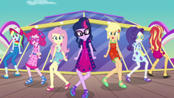 Size: 1920x1080 | Tagged: safe, screencap, applejack, fluttershy, pinkie pie, rainbow dash, rarity, sci-twi, sunset shimmer, twilight sparkle, better together, equestria girls, i'm on a yacht, cap, clothes, crossed legs, cruise ship, dancing, feet, geode of fauna, geode of sugar bombs, glasses, hat, humane five, humane seven, humane six, legs, looking at you, magical geodes, open mouth, pants, sandals, shoes, sleeveless, yacht