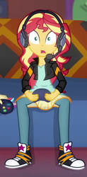 Size: 358x730 | Tagged: safe, screencap, sunset shimmer, better together, equestria girls, game stream, clothes, controller, converse, cropped, headphones, shoes, sneakers, sunset gamer