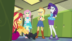 Size: 1280x720 | Tagged: safe, screencap, applejack, fluttershy, rarity, sunset shimmer, better together, driving miss shimmer, equestria girls, applejack's hat, boots, canterlot high, cowboy hat, door, hallway, hat, high heel boots, high heels, legs, lockers, shoes, sitting on floor