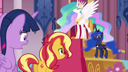 Size: 1920x1080 | Tagged: safe, screencap, princess celestia, princess luna, sunset shimmer, twilight sparkle, twilight sparkle (alicorn), alicorn, pony, unicorn, better together, equestria girls, forgotten friendship, canterlot castle, glare, nervous, plot