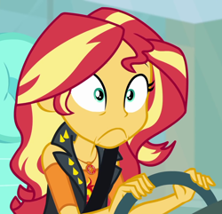 Size: 1118x1078 | Tagged: safe, screencap, sunset shimmer, driving miss shimmer, driving miss shimmer: fluttershy, equestria girls, equestria girls series, car, cropped, faic, female, geode of empathy, magical geodes, seatbelt, solo, steering wheel