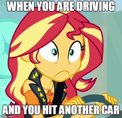 Size: 518x500 | Tagged: safe, edit, edited screencap, screencap, sunset shimmer, better together, driving miss shimmer, driving miss shimmer: fluttershy, equestria girls, clothes, female, jacket, meme, text