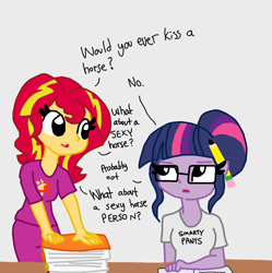 Size: 1264x1270 | Tagged: safe, artist:tjpones, color edit, colorist:nightshadowmlp, edit, sci-twi, sunset shimmer, twilight sparkle, equestria girls, colored, dialogue, female, flirting, glasses, implied lesbian, implied one-sided shipping, implied scitwishimmer, implied shipping, pencil, pencil behind ear, subtle as a train wreck