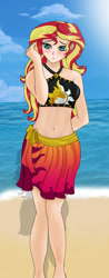 Size: 515x1312 | Tagged: safe, artist:anonix123, sunset shimmer, human, better together, equestria girls, adorasexy, beach, belly button, bikini, blushing, clothes, cute, female, humanized, ocean, sad, sand, sarong, sexy, solo, swimsuit, worried