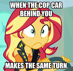 Size: 1118x1078 | Tagged: safe, edit, edited screencap, screencap, sunset shimmer, better together, driving miss shimmer, driving miss shimmer: fluttershy, equestria girls, caption, car, driving, female, image macro, impact font, meme, steering wheel, text