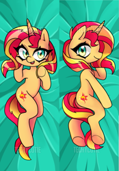 Size: 703x1008 | Tagged: safe, artist:techycutie, sunset shimmer, pony, unicorn, equestria girls, body pillow, body pillow design, cute, open mouth, smiling, solo