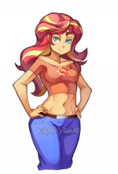 Size: 1500x2200 | Tagged: safe, artist:zipskyblue, sunset shimmer, equestria girls, beautiful, belly button, belly shirt, belt, breasts, clothes, commission, female, hand on hip, jeans, midriff, off shoulder, pants, shirt, simple background, smiling, solo, white background