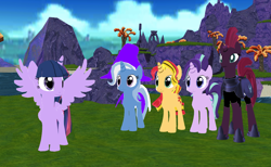 Size: 1300x800 | Tagged: safe, artist:supersmashcynderlum, starlight glimmer, sunset shimmer, tempest shadow, trixie, twilight sparkle, twilight sparkle (alicorn), alicorn, pony, unicorn, 3d, broken horn, counterparts, female, horn, mmd, spongebob squarepants, twilight's counterparts