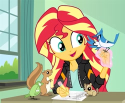 Size: 751x618 | Tagged: safe, artist:sapphiregamgee, sunset shimmer, bird, equestria girls, classroom, cropped, deviantart watermark, implied fluttershy, obtrusive watermark, paper, pencil, watermark