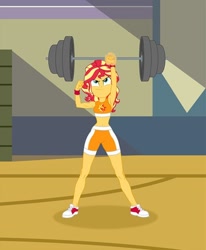 Size: 494x600 | Tagged: safe, artist:sapphiregamgee, sunset shimmer, equestria girls, armpits, bicep, clothes, converse, cropped, implied applejack, lifting, shoes, sleeveless, sneakers, sports bra, sports shorts, super strength, weight lifting, weights