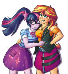 Size: 2029x2206 | Tagged: safe, artist:mandy1412, sci-twi, sunset shimmer, twilight sparkle, better together, equestria girls, bowtie, clothes, duo, female, geode of empathy, geode of telekinesis, glasses, grin, jacket, leather jacket, lesbian, magical geodes, ponytail, scitwishimmer, shipping, simple background, skirt, smiling, sunsetsparkle