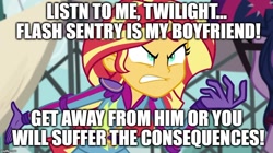 Size: 888x499 | Tagged: safe, edit, edited screencap, screencap, sci-twi, sunset shimmer, twilight sparkle, equestria girls, friendship games, angry, caption, downvote bait, duo, exploitable meme, image macro, implied flash sentry, implied flashimmer, implied shipping, implied straight, meme, op is a cuck, op is trying to start shit, sunset yells at twilight, text