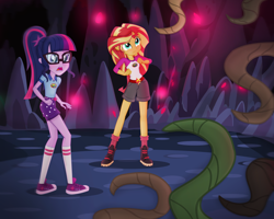 Size: 6052x4843 | Tagged: safe, artist:invisibleink, sci-twi, sunset shimmer, twilight sparkle, equestria girls, legend of everfree, absurd resolution, belt, blushing, boots, camp everfree outfits, cave, clothes, commission, converse, cutie mark on clothes, duo, glasses, hair tie, i've seen enough hentai to know where this is going, kneesocks, long socks, open mouth, outdoors, ponytail, raised eyebrow, shirt, shoes, shorts, show accurate, sneakers, socks, standing, vine