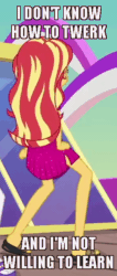 Size: 296x700 | Tagged: safe, screencap, sunset shimmer, better together, equestria girls, i'm on a yacht, animated, caption, clothes, dancing, dress, exploitable meme, gif, image macro, meme, shimmy, sunset is not willing to learn, text