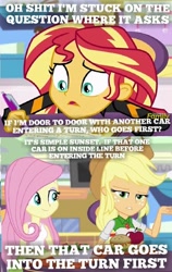 Size: 480x760 | Tagged: safe, edit, edited screencap, screencap, applejack, fluttershy, sunset shimmer, fanfic:equestria motorsports, equestria girls, mirror magic, spoiler:eqg specials, food, journal, read description, studying, studying for an automobile racing test, swearing, writing