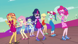 Size: 800x450 | Tagged: safe, screencap, applejack, fluttershy, pinkie pie, rainbow dash, rarity, sci-twi, sunset shimmer, twilight sparkle, better together, equestria girls, i'm on a yacht, animated, clothes, dancing, dress, feet, female, geode of empathy, geode of fauna, geode of shielding, geode of super speed, gif, humane five, humane seven, humane six, jumping, legs, looking at you, magical geodes, midriff, sandals, sleeveless, toes